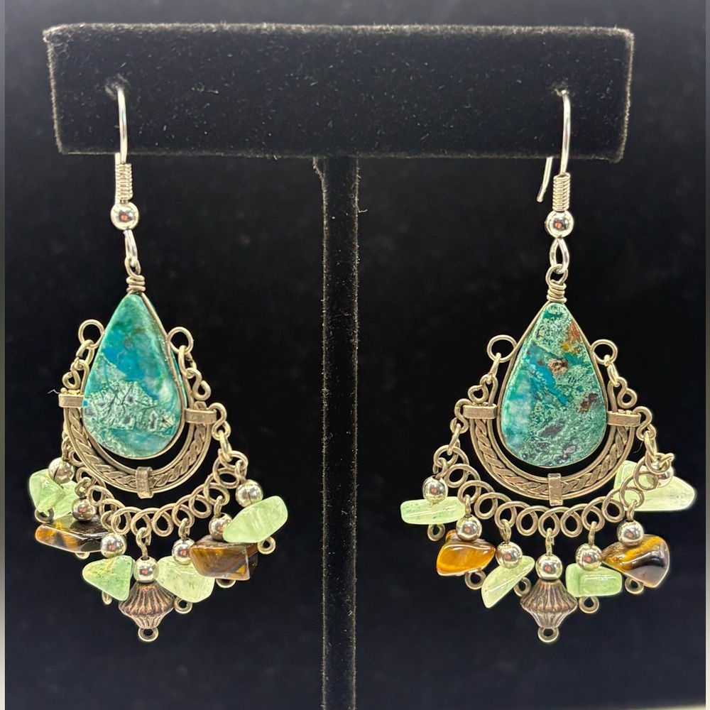 (170)Vintage Bohemian Silver and Turquoise Dangle Earrings
